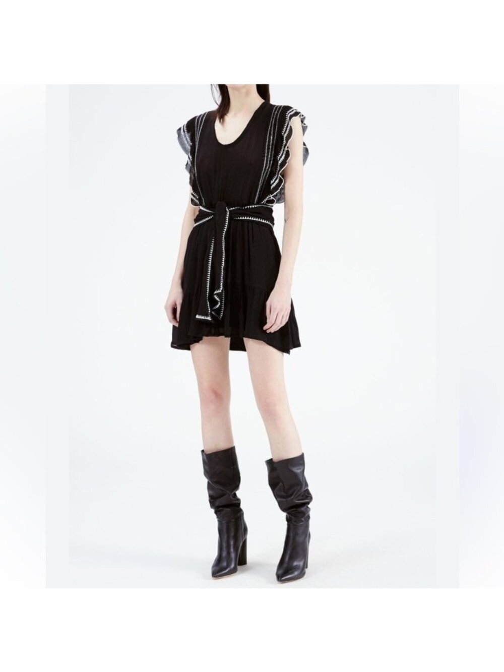 IRO Scoop Neck Black Belted Mini Dress with White Embroidered FR Size 38